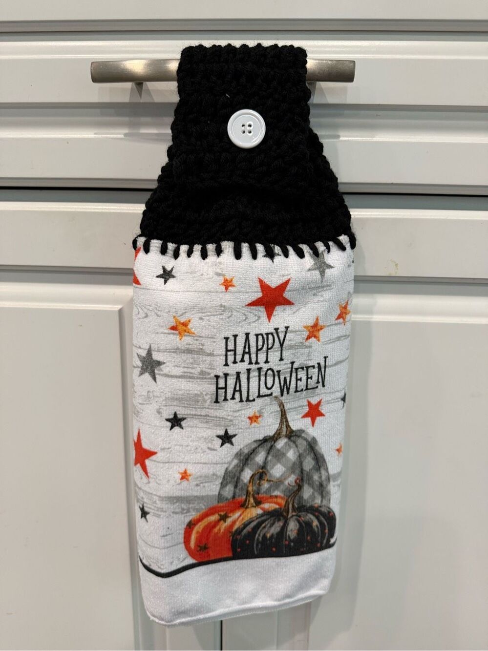 Crochet Top Kitchen Towel- Happy Halloween w/pumpkins
